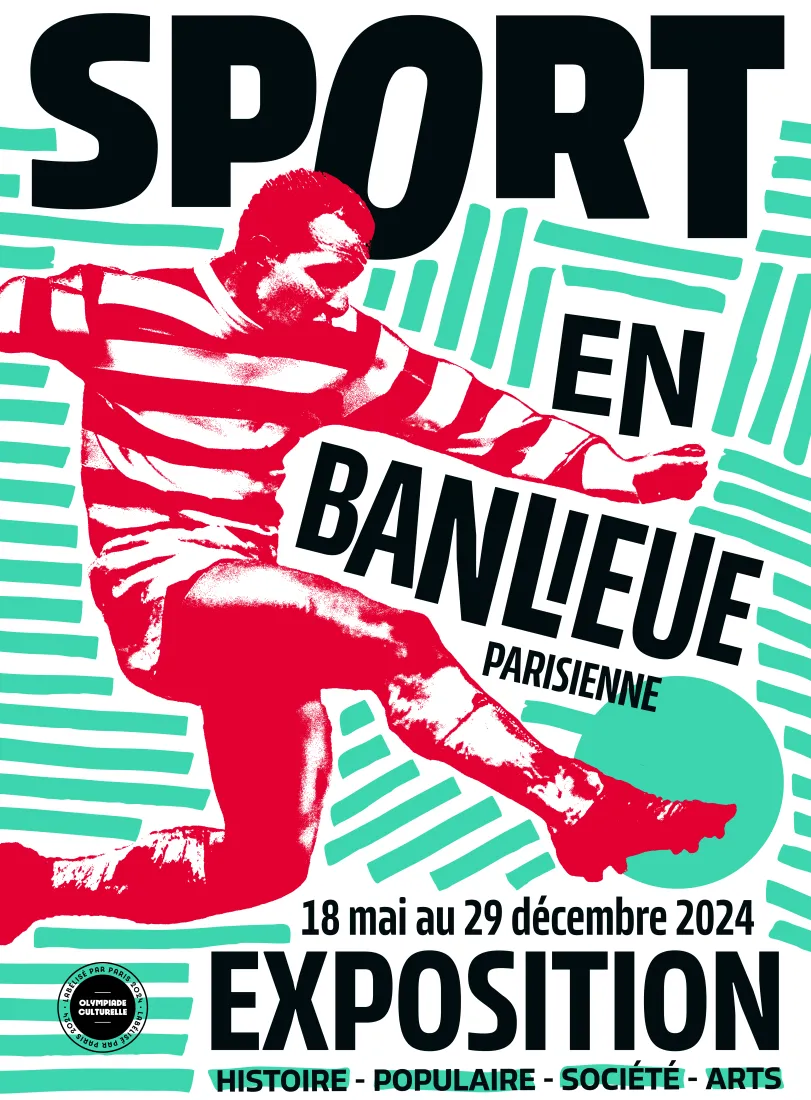 Affiche de l'exposition Sport en banlieue parisienne, avec un footballeur en rouge