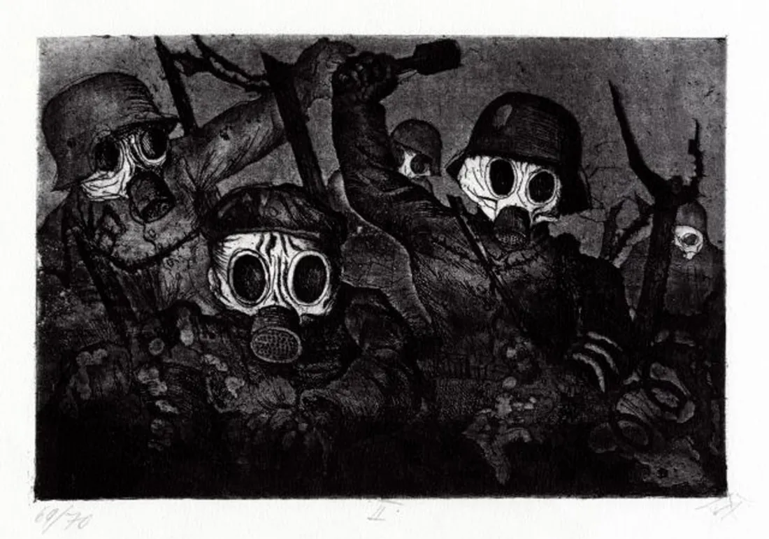 Otto Dix, XII- STURTRUPPE GEHT UNTER GAZ VOR Peloton montant à l’assaut sous le gaz, Reproduction offset, Coffret « Der Krieg », 1995, coll. Historial Grande guerre, Peronne