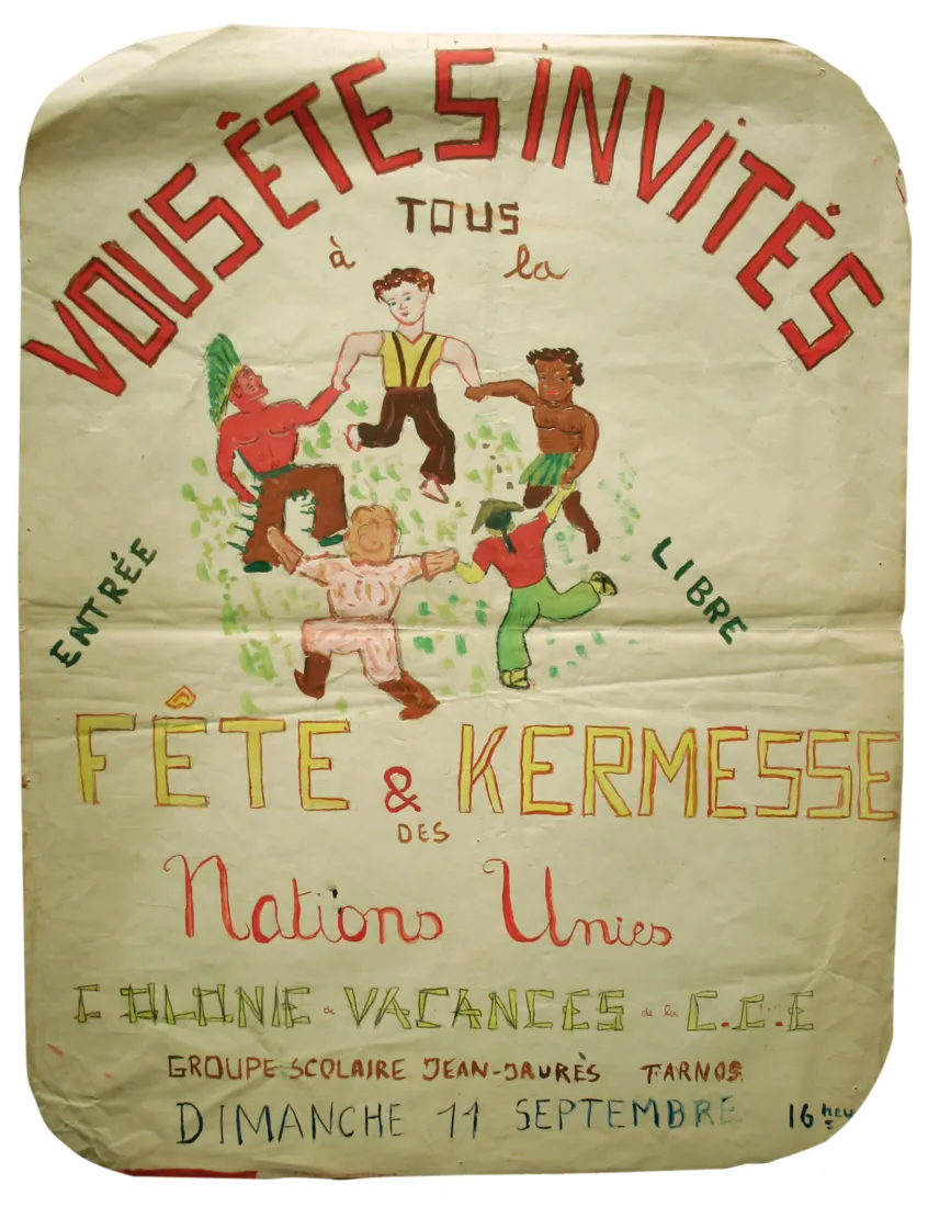 Affiche de la kermesse pour  les Nations Unies, septembre 1949, gouache sur papier, 65 X 50 cm, fonds de la CCE-UJRE, coll. mhv