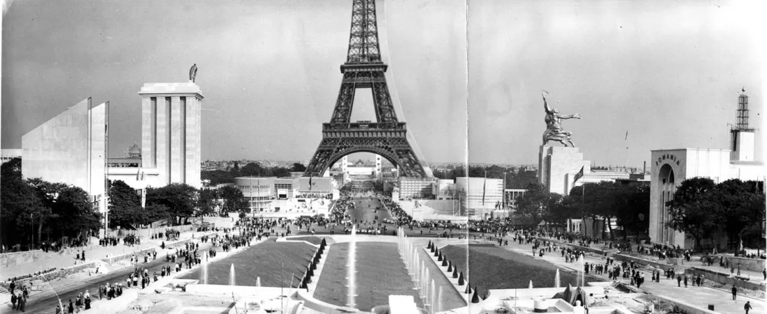 Vue générale des pavillons soviétiques et nazis se faisant face lors de l’exposition universelle de 1937, photographie, 1937, coll. mhv.