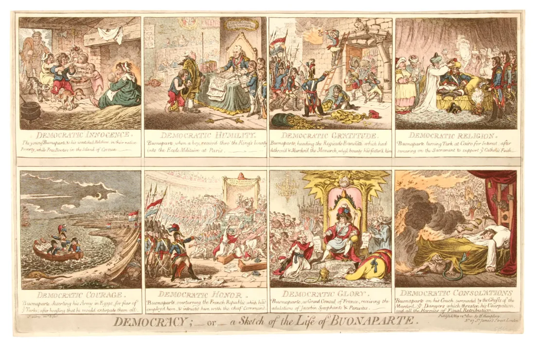 Democracy or a Sketch of the Life of Buonaparte, eau-forte coloriée de James Gillray, 12 mai 1800, coll. mhv.