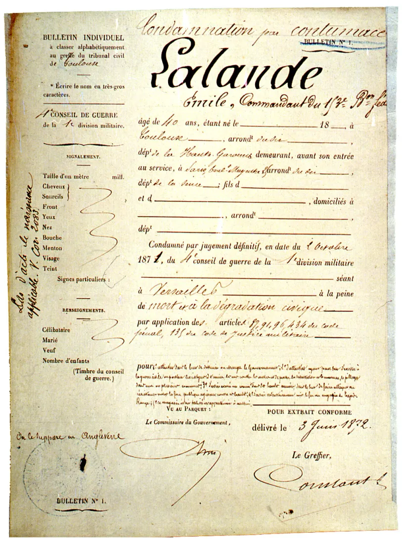 Bulletin de condamnation à mort et à la dégradation civique de Emile Lalande pour sa participation à la Commune de Paris, 1872, coll.mhv.