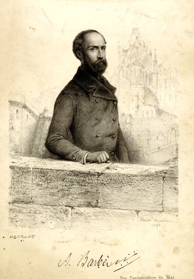 Portrait d’Armand Barbès, alternativement interné au Donjon de Vincennes et dans les cellules du Mont St Michel. Ici representé avec à l’arrière-plan , gravure, [1848-1851], coll.mhv.