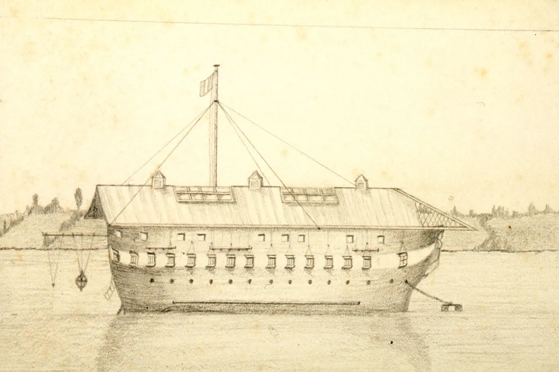 Dessin d'un ponton de Michel Conduché, crayon, sdnl., coll. mhv., coll. mhv