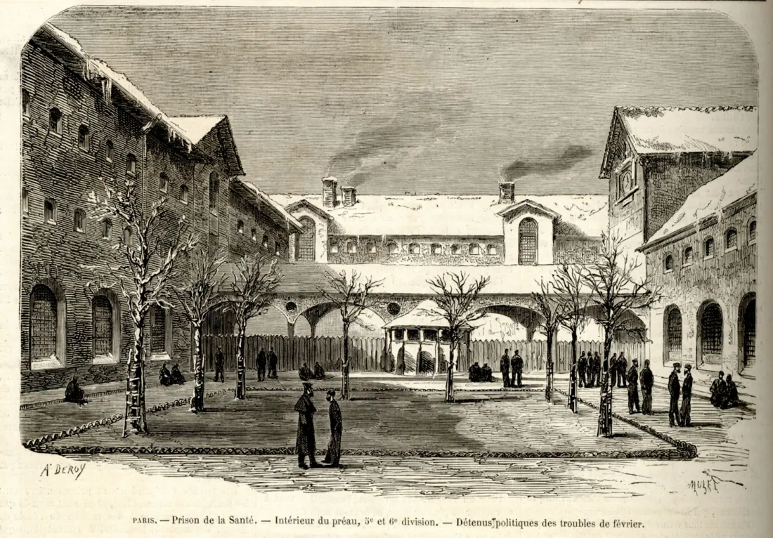  Prison de la santé - Intérieur du préau 5e et 6e division. – Détenus politiques des troubles de février , [ Le Monde Illustré], 26 février 1870, coll.mhv.