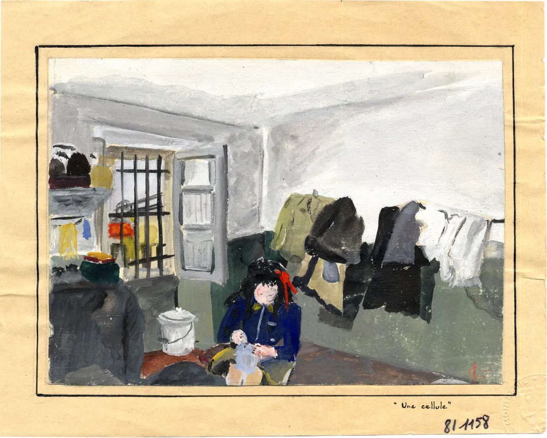 "Une cellule", femme emprisonnée à la prison de Rennes, gouache anonyme, circa 1942-44, coll.mhv.