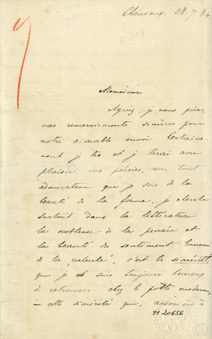 Lettre autographe de Kropotkine à la centrale de Clairvaux, datée du 28 juillet 1884, coll.mhv.
